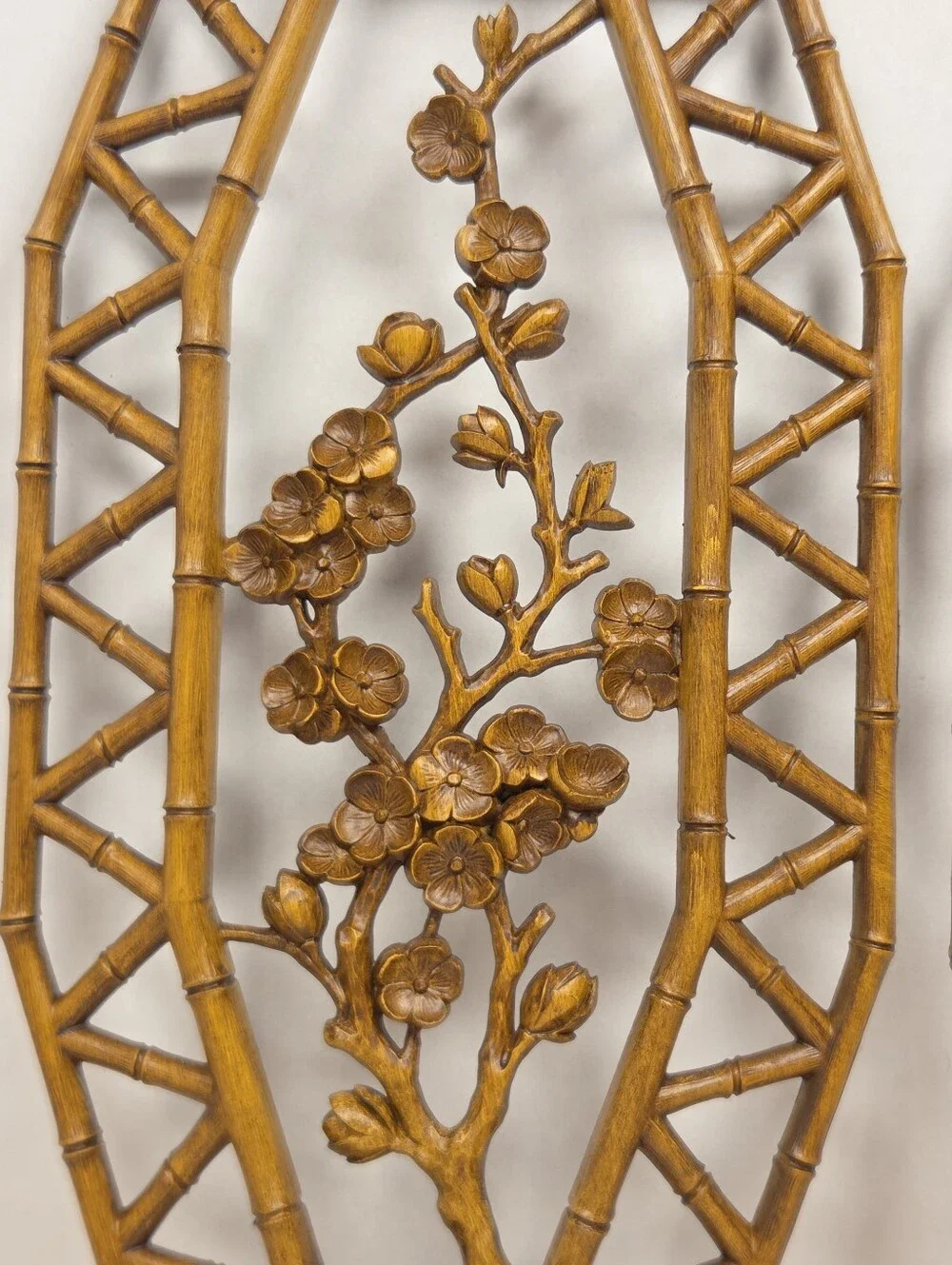 Vintage Homeco Wall Hanging Plastic Faux Bamboo Pair, Floral Lattice Framed 1977